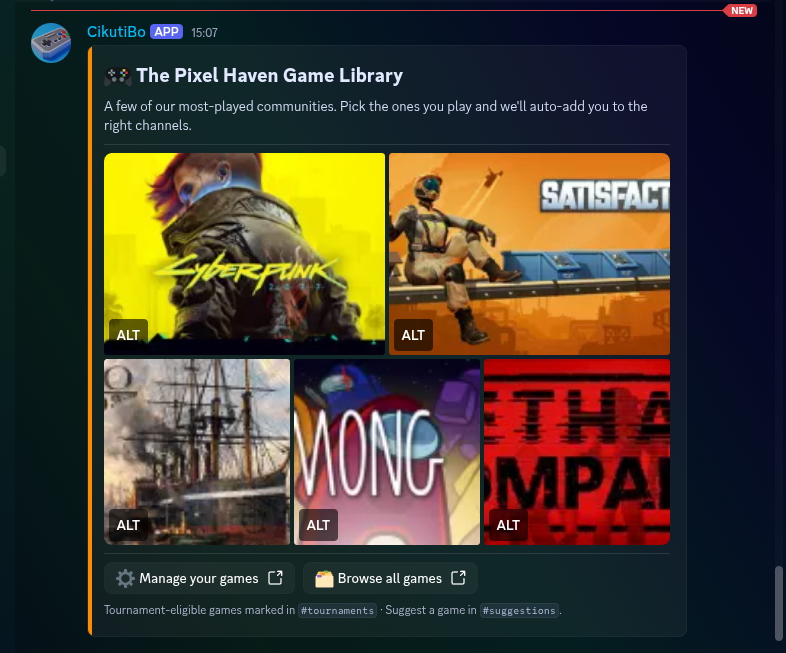 Eine „Pixel Haven Game Library"-Karte mit einer Media Gallery aus fünf Steam-Capsule-Bildern für Cyberpunk 2077, Satisfactory, Anno 1800, Among Us und Lethal Company, darunter „Manage your games" / „Browse all games"-Buttons