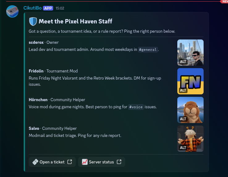 Eine „Meet the Pixel Haven Staff"-Karte mit vier Sections, jede zeigt Name, Rolle, kurze Bio und Avatar des Teammitglieds